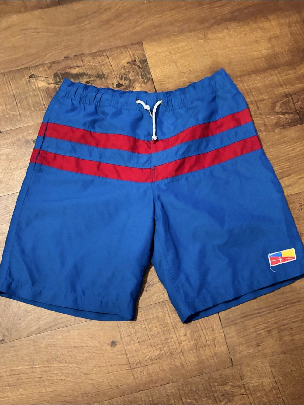 Five Four Blue Swim Shorts with Red Twin Stripes